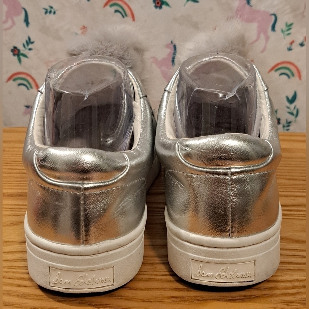 EUC Sam Edelman Leya Silver Metallic PomPom Casual Slide On Sneaker Shoe SZ 8M - Picture 5 of 7